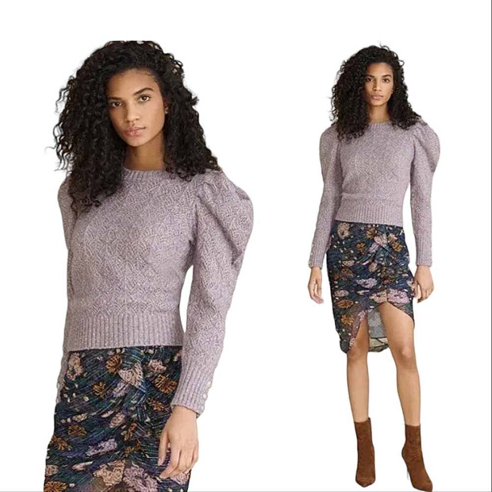 VERONICA BEARD Novah Crew Neck Lavender Puff Shoulder Wool Blend Sweater
